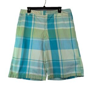 La Cabana Sz 14 VTG Blue Green Plaid Cotton 12" Bermuda Shorts Summer Beach Cool